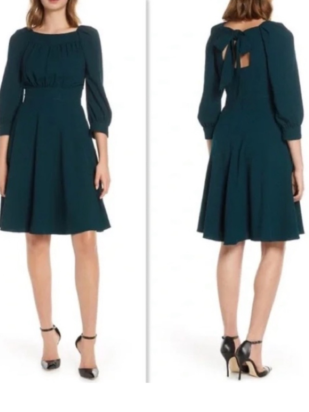NWT Eliza J Dark Teal Back Bow Square Neck 3/4 Sleeve Fit & Flare Midi Dress 16